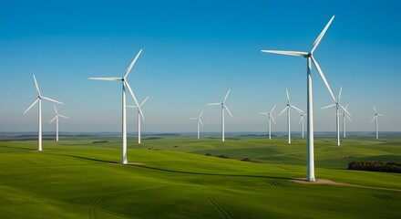 Fototapeta premium windkraftanlagen auf dem feld. Wind Turbines Windmill Energy. A vast, grassy plain dotted with numerous modern wind turbines under a clear, vibrant blue sky.