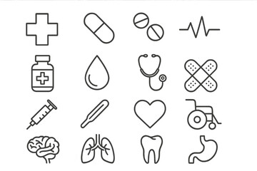 Fototapeta premium Medicine and Healthcare Line Icon Pack, Modern Linear Medical Icons Collection for Design, Websites, Apps, Cards, Vector Cartoon of Organs, Medical Cross, Pills, Heart, Brain