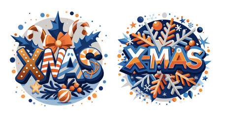 Set of Christmas stickers with festive holiday symbols and text, blue and orange palette, vector illustration isolated on transparent background