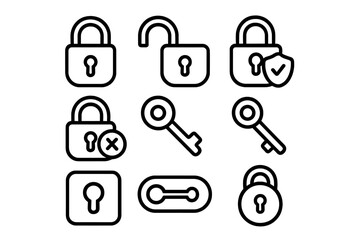 Padlock and Lock Icon Bundle, Thin Stroke Editable Line Art, Security Symbols Collection for Web, Apps, Books, Cards, Vector Transparent Background