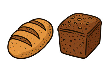 Two bread loaves vector illustration, isolated on white. Freshly baked white and rye bread set. Hand-drawn cartoon style for bakery menu, organic food concept or grocery.