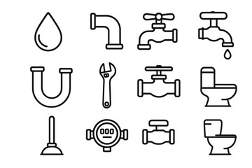 Plumbing outline icon collection with editable stroke, perfect for infographics, articles, books, flyers, banners, and vector cartoon illustrations with transparent background