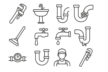 Plumbing tools and fixtures collection with editable stroke, vector cartoon illustrations for infographics, articles, books, flyers, banners, leaks, pipes, faucets, plumber