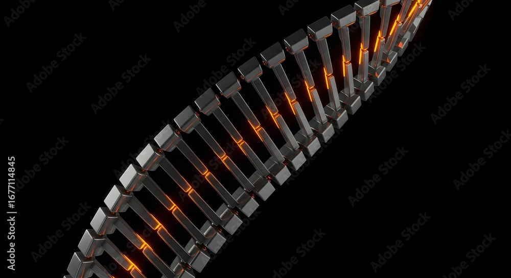 Poster abstract 3d rendering of a metallic dna strand with glowing orange elements on a dark background, re