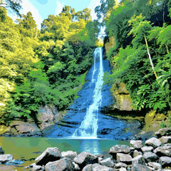 Tall Waterfall Cascading Down Rocky Cliff Surrounded by Lush Green Forest