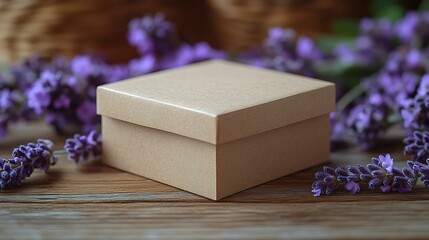 Minimalist beige gift box surrounded by lavender flowers on a rustic wooden surface, ideal for packaging, wedding, and gift - related design projects, backgrounds, promotions.