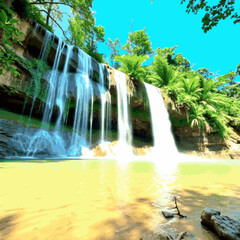 Lush green jungle waterfall cascading into a clear pool