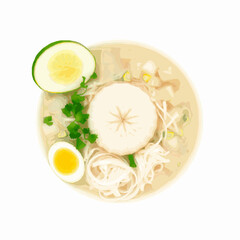 Overhead view of pho noodle soup with egg and lime