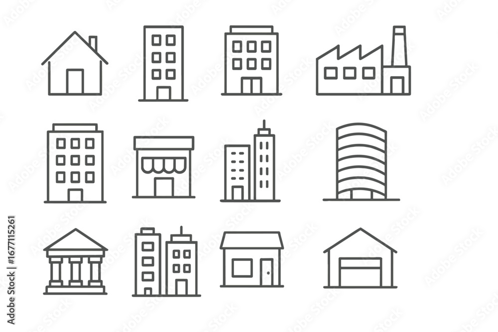 Poster building line icon set. simple outline collection of urban architecture symbols like house, office, 