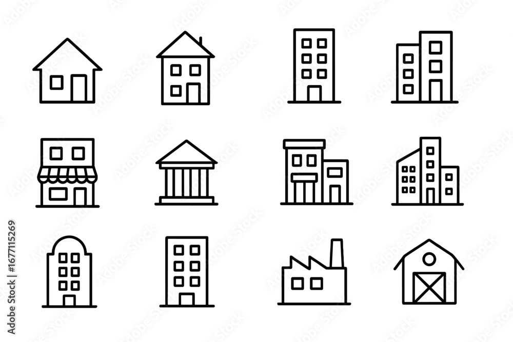 Poster building icon set. simple linear outline collection of city architecture symbols. house, office, ban