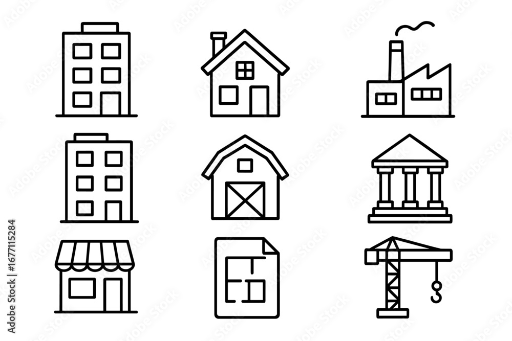 Poster building and construction line icon set. real estate and architecture vector symbols. includes house
