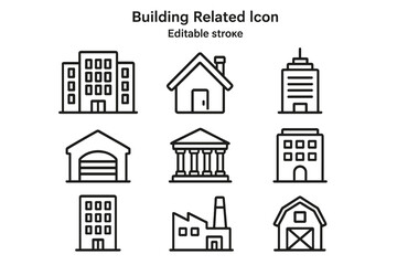 Fototapeta premium Building icon set with editable stroke. Vector line icons of house, office, skyscraper, factory, bank, barn. Real estate and architecture symbols for web and apps. Urban property.