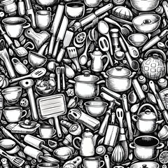 Seamless kitchen doodle pattern, hand-drawn style, black and white sketch illustration set of kitchen utensils 1
