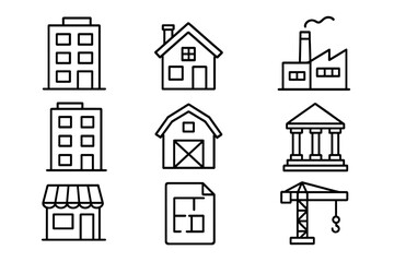 Fototapeta premium Building and construction line icon set. Real estate and architecture vector symbols. Includes house, apartment, factory, bank, shop, barn, blueprint and crane icons.