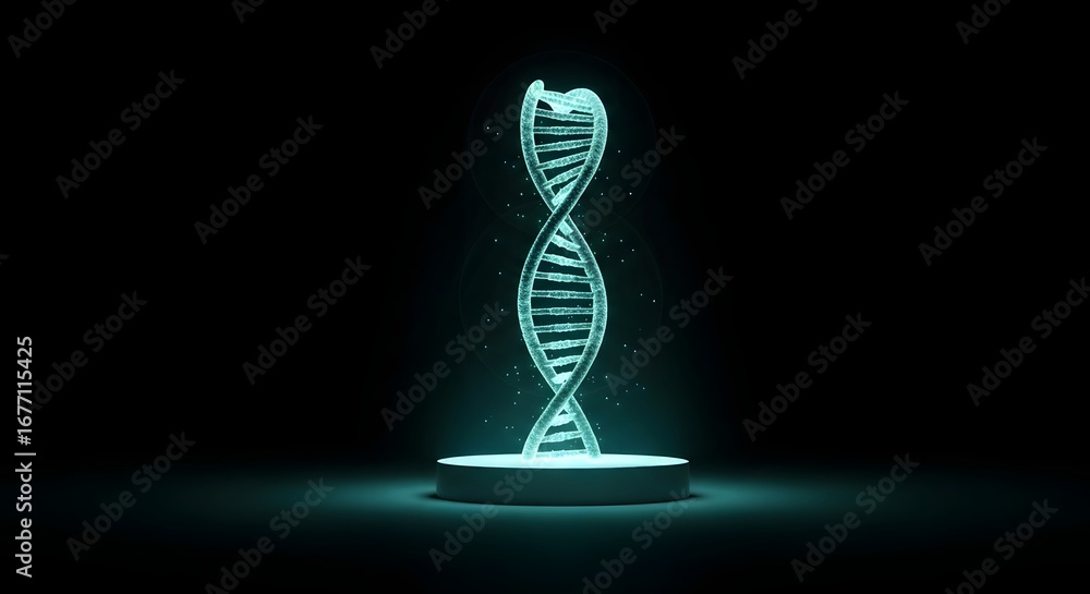 Poster glowing dna double helix structure on a podium in a dark environment, representing genetic science a