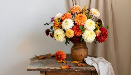 Autumnal floral arrangement in a wooden vase