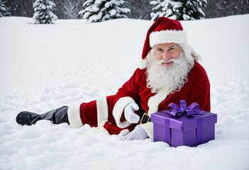 cute santa claus with purple Gift on Snow