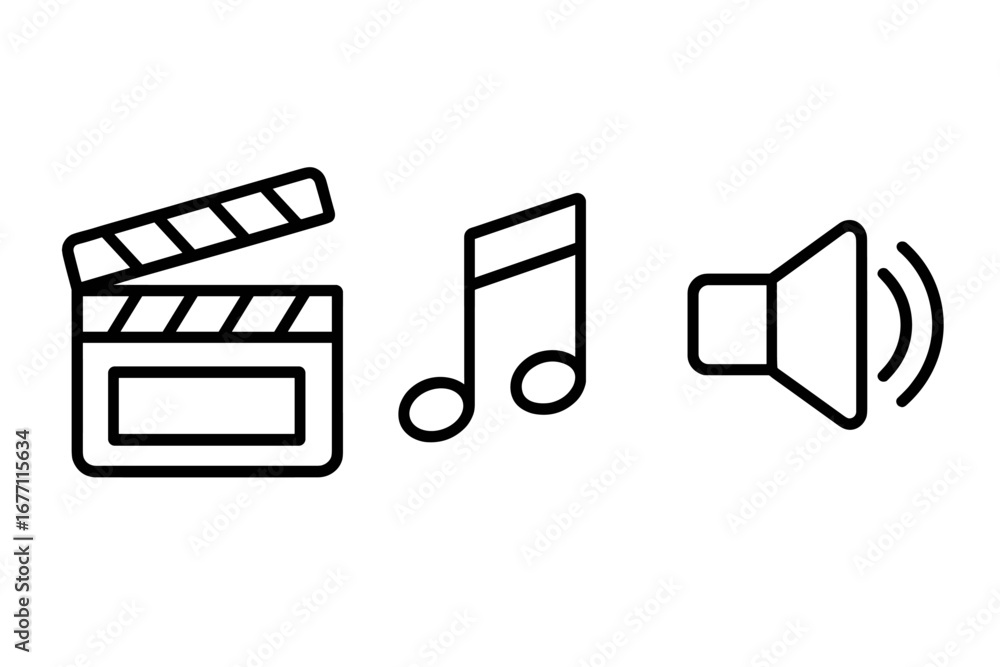 Poster media player icon set with clapperboard, musical note, and loudspeaker. outline style vector symbols