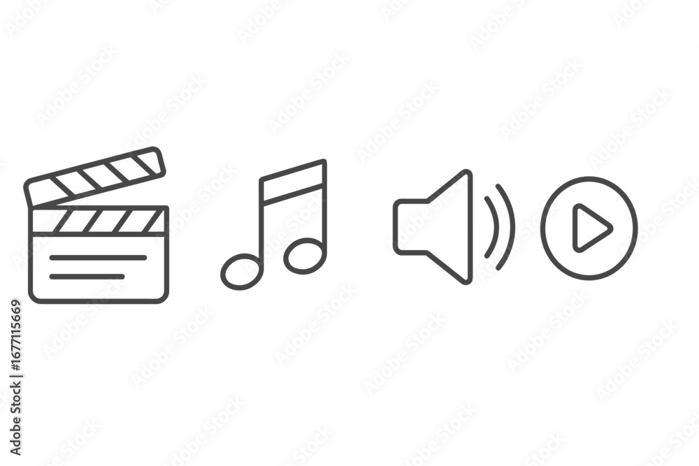 Poster media player interface thin line icon set. video, movie, music, audio sound elements. clapperboard, 
