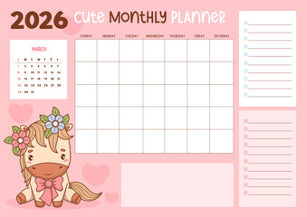 2026 March. Calendar, Monthly Planner with Cute Little Horse. Organizer for grid Month, To-Do list and Note, memo. Vector Horizontal Pink Template with Spring Kawaii pony. Eastern Symbol 2026. Not AI