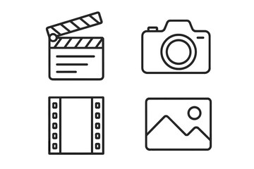 Movie production and photography line icon set. Vector symbols of clapperboard, photo camera, film strip, picture. Thin line icons for cinema, video, media. Editable stroke.