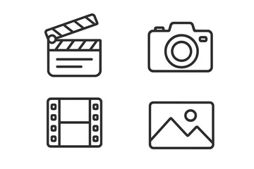 Clapperboard, photo camera, movie film strip, and picture line icon set. Editable stroke vector collection for web design, apps, and video production. Minimal linear pictograms.