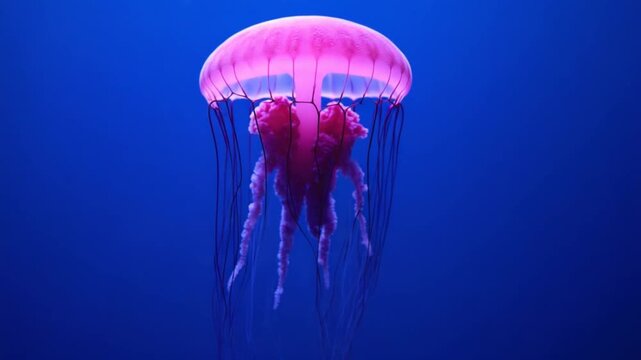 Vibrant purple jellyfish swimming in deep blue ocean sea water, underwater wildlife, marine biology, ocean animal life, and nature concept with soft lighting highlighting delicate