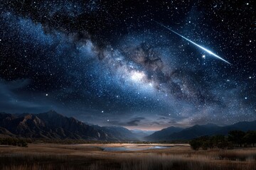 Fototapeta premium Starry night sky above mountains with a visible meteor over a tranquil lake