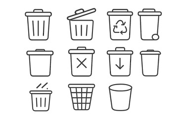 Trash Can Icon Bundle with Thin Editable Stroke Lines, Vector Cartoon Style Set for Web Design, Books, Apps, Cards, Transparent Background, Organized Vector Collection