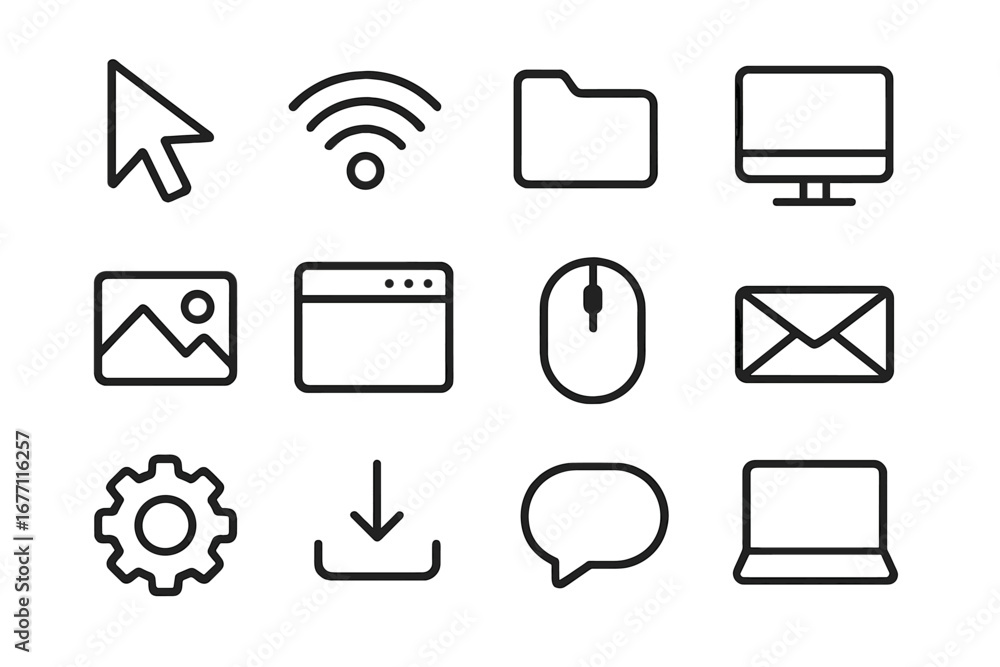 Aufkleber computer desktop and web interface line icon set. modern thin linear icon collection for website des