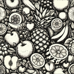Seamless fruit doodle pattern, hand-drawn style, black and white sketch illustration, containing friuty1