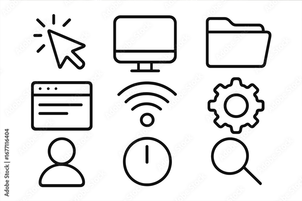 Aufkleber computer desktop line icon set. user interface elements for web and mobile apps. contains cursor, fo