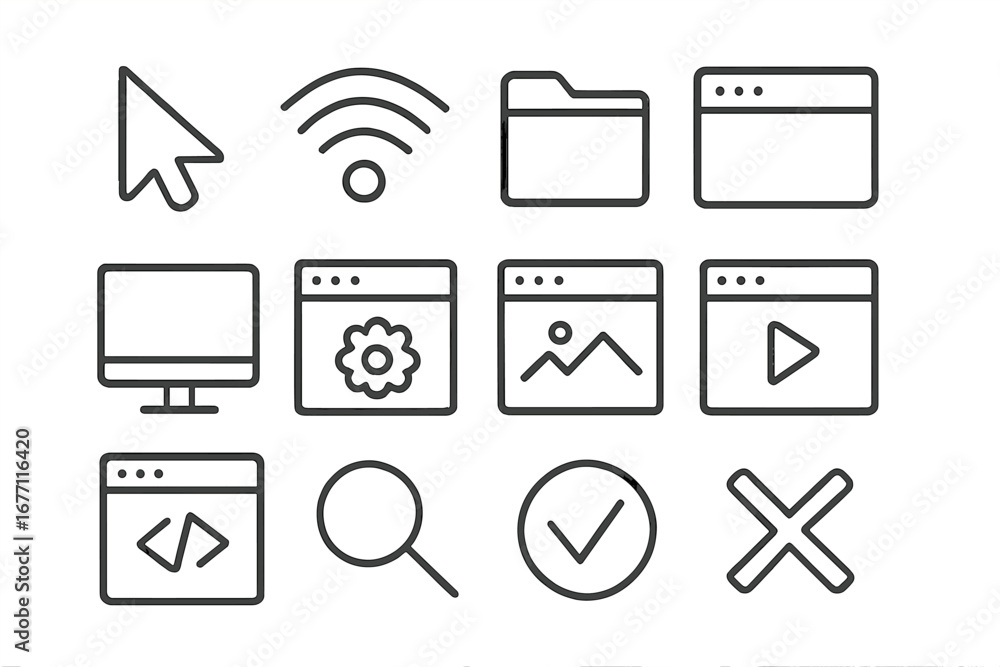 Aufkleber computer desktop line icon set. collection of simple outline symbols for web design, apps, and ui ux