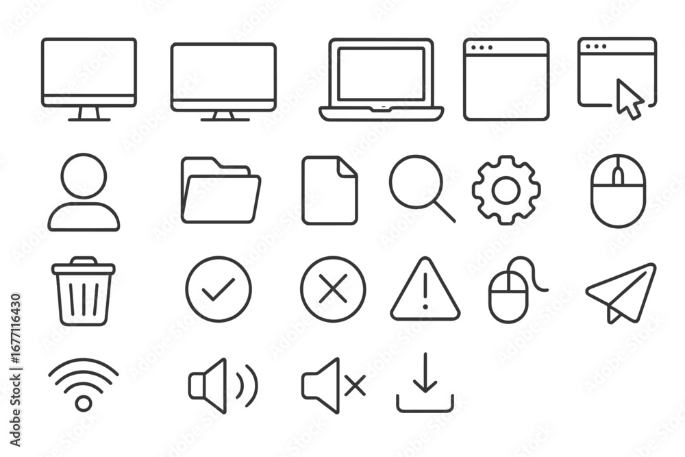 Aufkleber computer desktop thin line icon set. user interface ui ux glyphs. editable stroke vector pictograms 