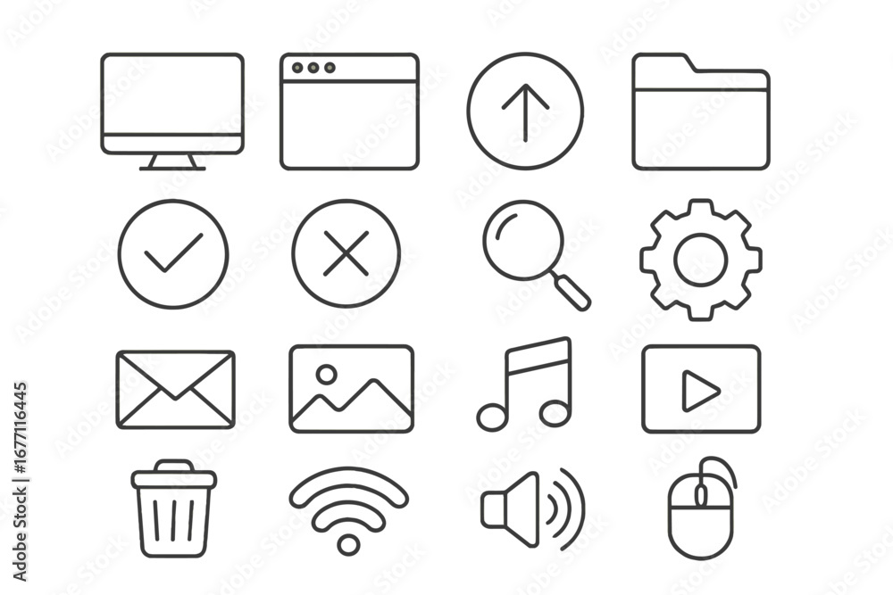 Aufkleber computer desktop & web user interface thin line icon set. vector symbols collection for ui/ux design
