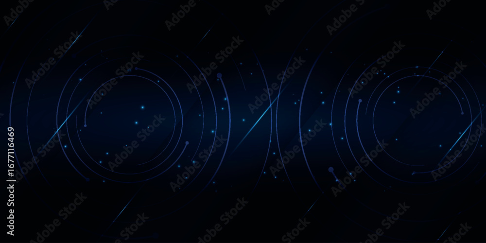 Poster dark abstract background with dynamic swirling curved lines and glowing blue dots. simple and modern