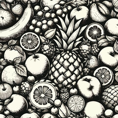 Seamless fruit doodle pattern, hand-drawn style, black and white sketch illustration, containing friuty 3