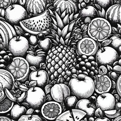 Seamless fruit doodle pattern, hand-drawn style, black and white sketch illustration, containing friuty 4