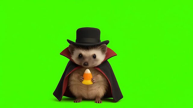 Adorable Hedgehog in Vampire Costume Holding Candy Corn on Green Screen