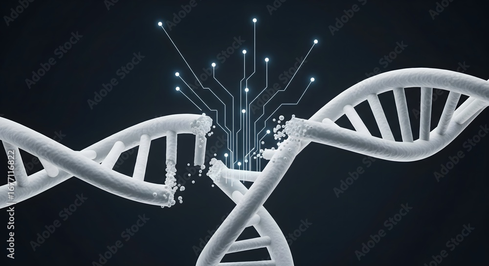 Poster digital circuit lines connecting to a fragmented dna helix, symbolizing genetic engineering and biot