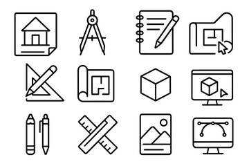 Drafting & drawing line icon set for architecture, engineering, and design. Vector symbols for blueprint, plan, CAD, and sketching. Editable stroke icons for web and apps.