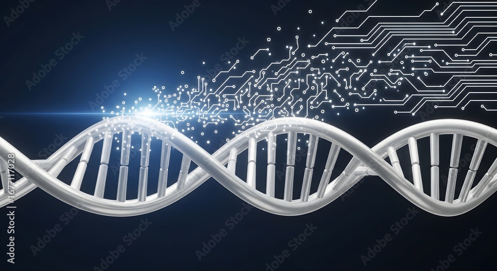 Poster dna double helix transforming into a digital circuit board network