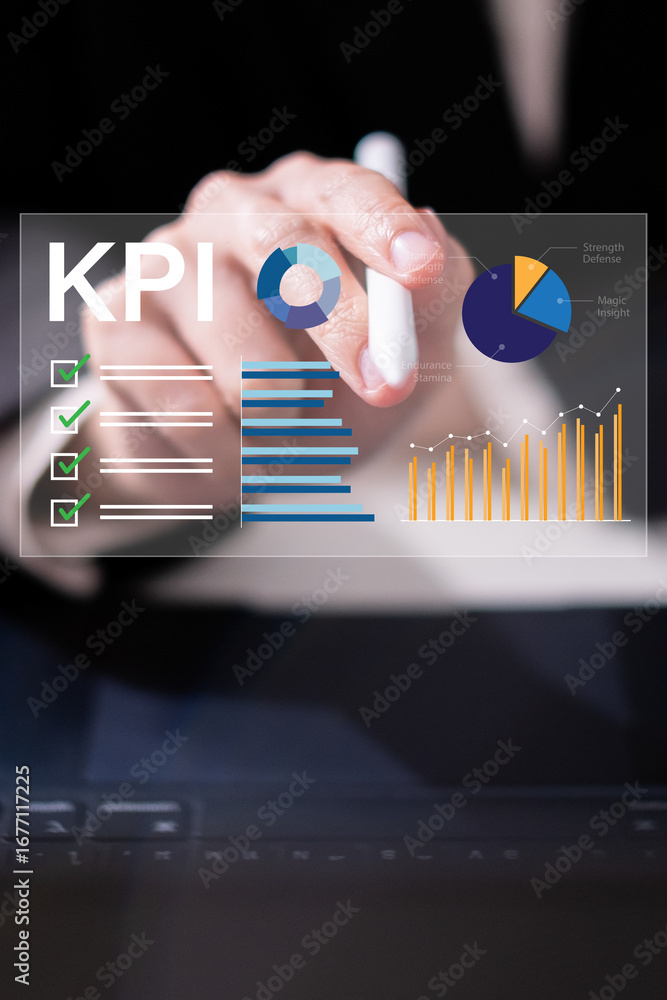 Poster professional businessman working on kpi dashboard graph chart visualization report growth project pr