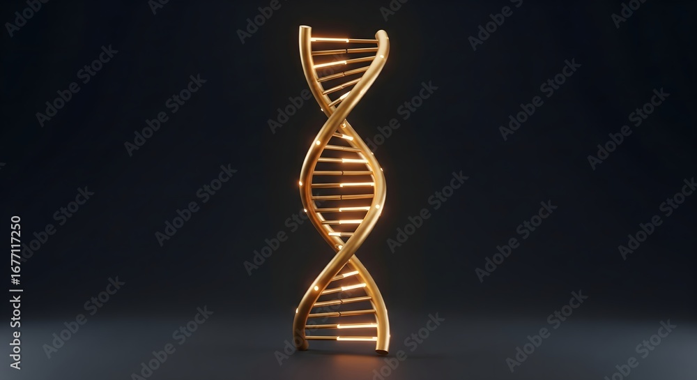 Poster shiny golden dna double helix structure on a dark background representing genetics and biological sc