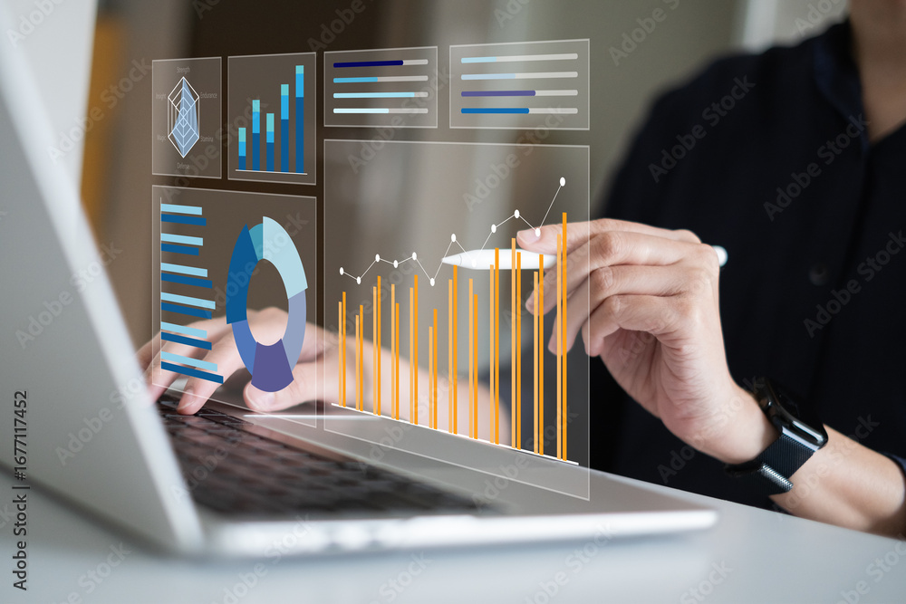 Poster businessman working on data analysis chart graph dashboard information e-business client trend onlin