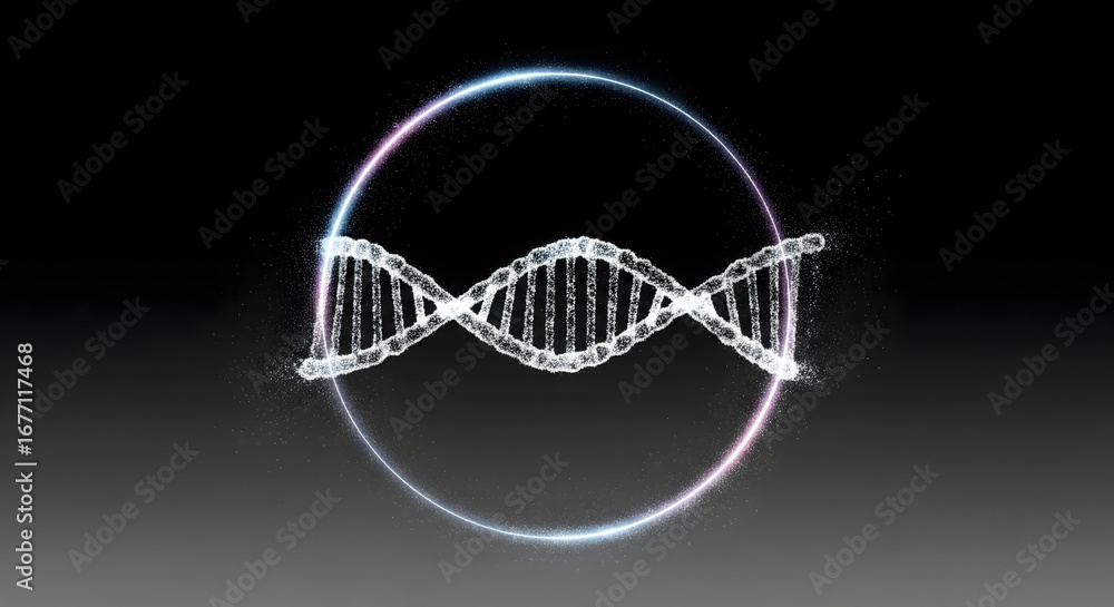 Poster digital representation of a dna double helix surrounded by a glowing particle ring, symbolizing gene