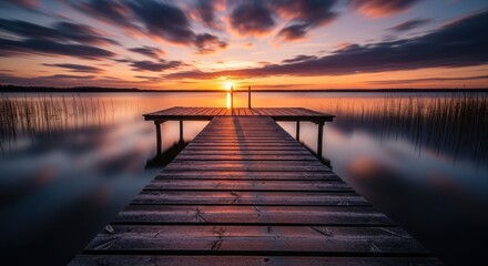 Fototapeta premium Wooden pier leading into a tranquil lake during a vibrant and colorful sunset with dramatic clouds