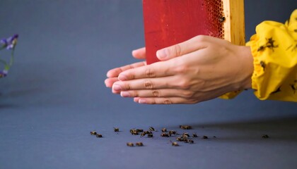 Beekeeper gently removes honeycomb frame