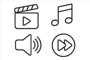 Media Player Line Icon Bundle, Modern Minimalist Linear Collection with Clapperboard, Musical Note, Speaker, and Fast Forward Symbols for Web, App, and UI Design