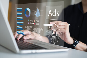 Businessman small business information report performance data analysis dashboard from social media promotion campaign success growth online advertisement digital marketing strategy technology concept